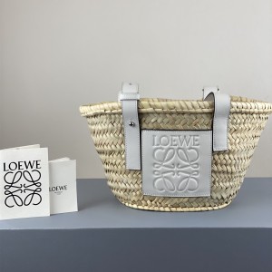 Loewe Small Basket bag in palm leaf and calfskin White A223S93X04 005