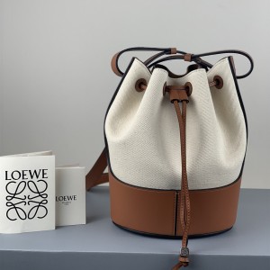 Loewe Small Balloon bag in canvas and calfskin Bucket Bag Shoulderbag Brown and White 1099