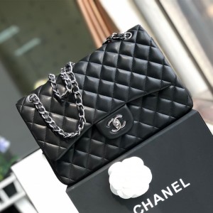 Fashion Handbags Classic Handbag Classic Flap Bag Chain Bag 30cm Silver-Tone 1113-N Black