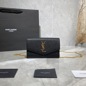 YSL Uptown Chain wallet in black leather Mini Envelope bag 19cm 607788 black gold