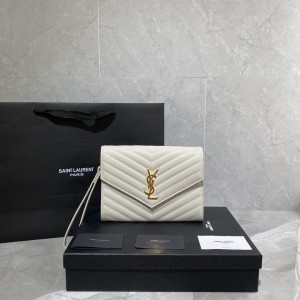 YSL Monogram Clutch in Quilted Grain de Poudre Embossed Leather Envelope clutch bag 21cm 617662 white