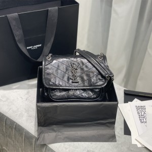 YSL Niki Baby In Crinkled Vintage Leather Chain bag Monogram Bag 22cm 633151 6331600 Black