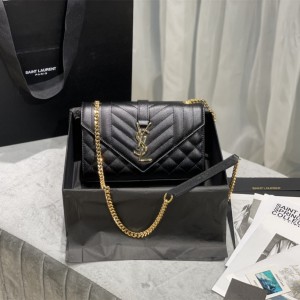 YSL Envelope Small Bag in Mix Matelasse Grain De Poudre Embossed Leather Chain Bag 21cm 526286 600195 black gold