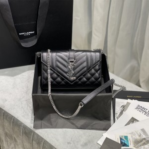 YSL Envelope Small Bag in Mix Matelasse Grain De Poudre Embossed Leather Chain Bag 21cm 526286 600195 black Silver
