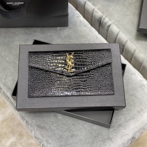 YSL Uptown Pouch In Crocodile Embossed Shiny Leather Clutch Bag Handbag 565739 Black Gold