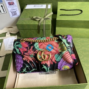 Gucci Handbags Women's Bag GG bag GG Marmont small matelasse shoulder bag 443497 Black with Flowers Print