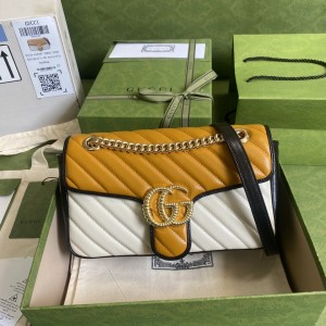 Gucci Handbags Women's Bag GG bag GG Marmont small shoulder bag 443497 Yellow and White Leather