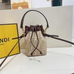 Fendi Mon Tresor FF embroidery with leather mini-bag Canvas bucket bag 18cm 183M65