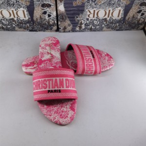 Fashion Sandals Dior Dway Slide Classic Embroidered Cotton Slippers Pink and White Sandals D1001-4