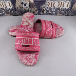 Fashion Sandals Dior Dway Slide Classic Embroidered Cotton Slippers Pink and Beige Sandals D1004-5