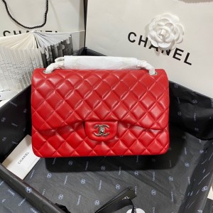 Fashion Handbags Classic Handbag Classic Flap Bag Chain Bag 30cm Silver-Tone 1113-M Red