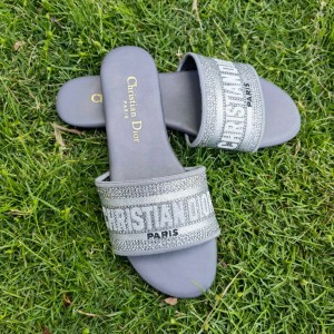Fashion Sandals Dior Dway Slide Classic Embroidered Cotton Slippers Grey Sandals D1006-5