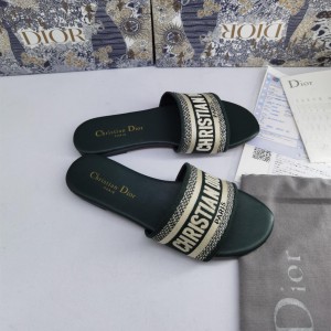 Fashion Sandals Dior Dway Slide Classic Embroidered Cotton Slippers Dark Green Sandals D10025-7