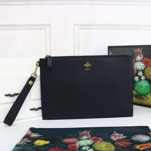 Gucci Handbags GG Black leather pouch With Bee Wrist Bag Pouches For Women 523684