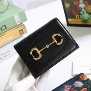 Gucci Wallet Gucci Horsebit 1955 card case wallet Black Leather Compact Wallets for women 621887