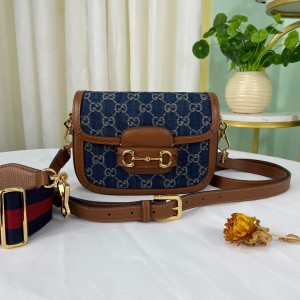 Gucci Handbags Gucci Horsebit 1955 GG mini bag GG Blue Denim Shoulder Bag Women's Bag 658574