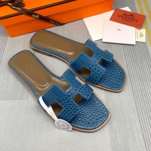 Fashion sandals H Oran sandals Classic Slippers Crocodile pattern H sandals Blue H01-21108A-11
