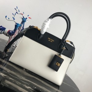 Prada White and Black leather large bag Top handle bag Shoulderbag 30cm 1BA046