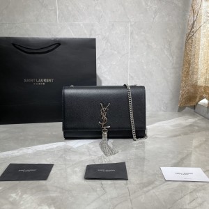 YSL Kate medium in grain de poudre cowhide leather chain purse Chain wallet with tassel 354119-Black with silver