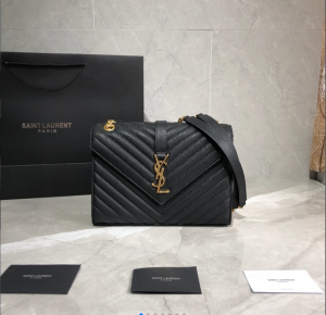 YSL Envelope Medium Bag in Mix Matelasse Grain De Poudre Embossed Leather Bag 487206 600185 black gold  