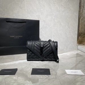 YSL Monogram Envelope Small Bag in Mix Matelasse Grain De Poudre Embossed Leather Chain bag 21cm 600195 528286 black