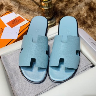 Fashion Shoes Men's Sandal H Izmir sandal Classic Epsom Calfskin sandal casual Flat sandals H sandal Slippers Sky Blue H80188-003-10